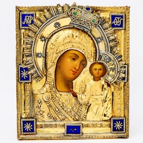 Russian Paste-Set Silver-Gilt Icon of the Mother of God of Kazan