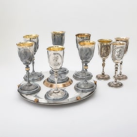 Assembled Set of Nine Russian Silver Plated Goblets and a Tray