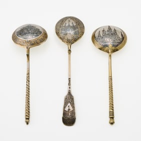 Group of Three Russian Silver and Niello Spoons