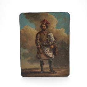 Russian Painted Metal Plaque Depicting a Sbiten Vendor