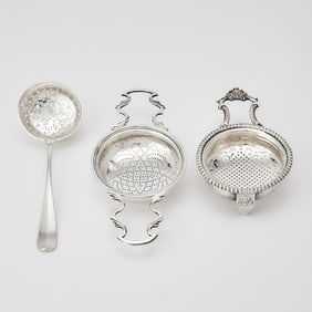 Two George II/III Sterling Silver Punch Strainers and a Continental Silver Sugar Sifter