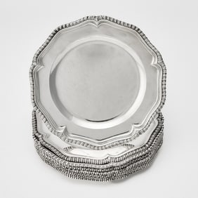 Assembled Set of Eight Georgian Sterling Silver Plates