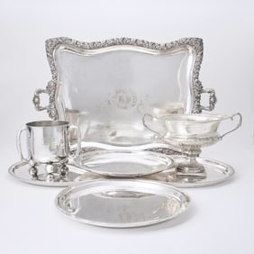 English Silver Plated Loving Cup and Group of Silver Plated Trays