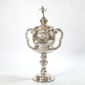 Edward VII Sterling Silver and Enamel Massive Covered Two Handled Trophy Cup