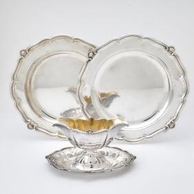 Pair of German Silver Second Course Dishes and a Sauceboat on Stand