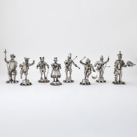 Assembled Group of Eight Continental Silver Figures