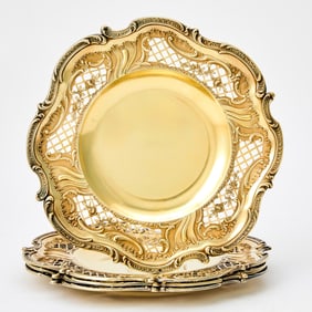 Four French Louis XV Style Sterling Silver Gilt Dessert Plates