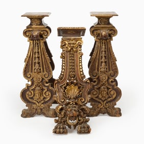 Three Italian Baroque Parcel-Gilt and Painted and Carved Wood Pedestals