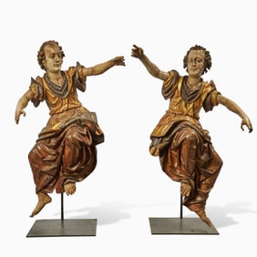 Pair of South German Baroque Large Polychrome Lindenwood Figures of Angels