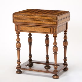 German Baroque Walnut, Burr, and Ash Fruitwood Parquetry Folding Games Table