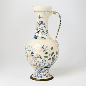 South German Pewter Mounted Polychrome Faience Ewer