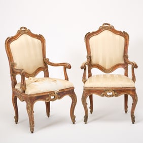 Pair of Italian Rococo Carved and Polychrome Painted Wood Fauteuils