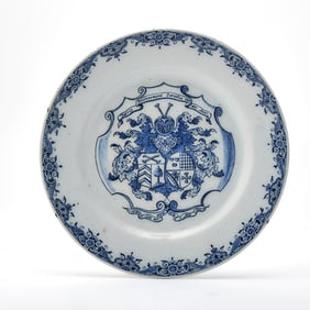 Dutch Delft Blue and White Faience Double Armorial Marriage Plate