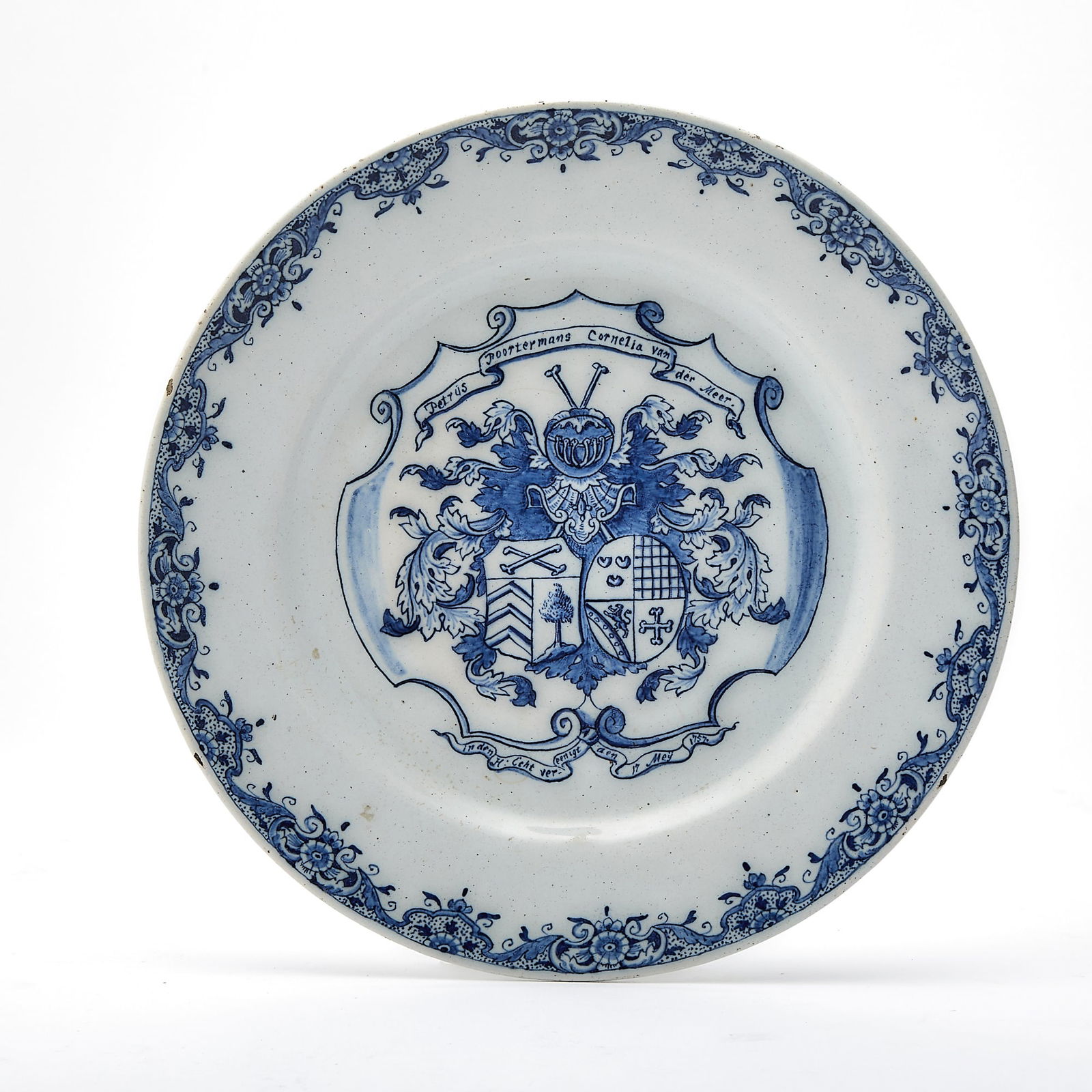 Dutch Delft Blue and White Faience Double Armorial Marriage Plate (1 of 3)