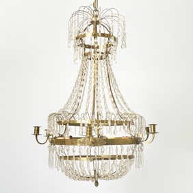 Baltic Neoclassical Brass and Cut-Glass Six-Light Chandelier