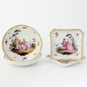 Two Meissen Square Serving Dishes and Two Meissen Circular Bowls