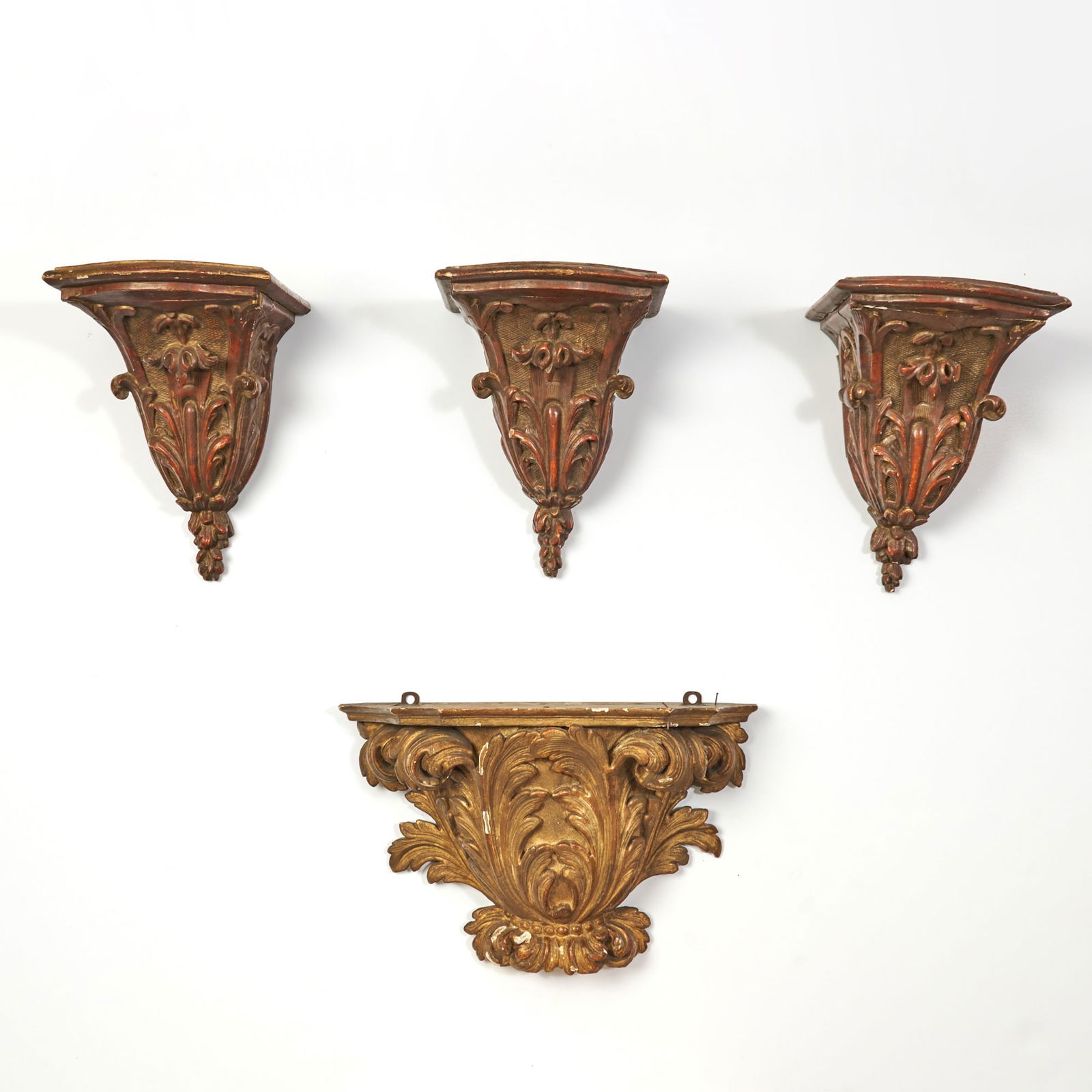 Three Large Italian Rococo Style Matched Parcel Gilt and Painted Carved Wood Brackets Together with (1 of 6)