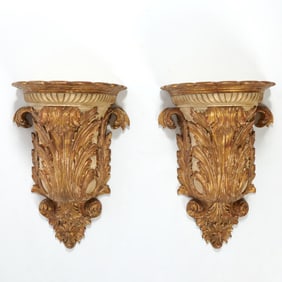 Pair of Italian Rococo Style Gilt and Painted Carved Wood Brackets