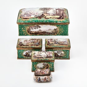 Five Continental Rococo Style Polychrome Enamel Boxes Together with a small pill box painted with