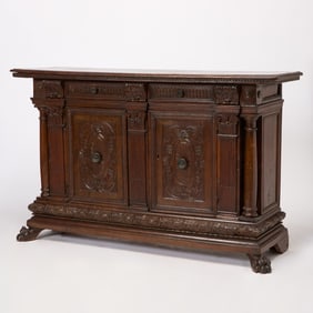 Italian Renaissance Fruitwood Marquetry Walnut Credenza