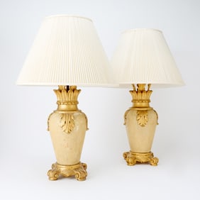 Pair of Italian Rococo Style Painted and Parcel-Gilt Carved Wood Ornamental Vases