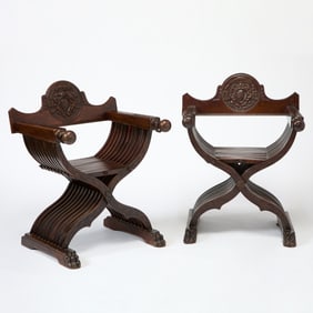 Pair of Large Italian Renaissance Style Walnut Savonarola Chairs