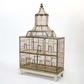 Northern European Painted Wood and Metal Large Birdcage on Stand