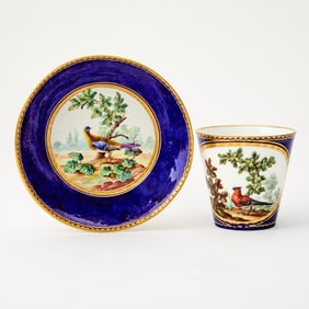 Sevres Bleu Nouveau Ornithological Porcelain Cup and Saucer