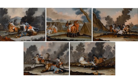 Set of Five South German or Austrian Framed Reverse Glass Paintings of Military Scenes