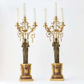 Pair of Empire Ormolu and Patinated Bronze Red Marble Three-Light Candelabra