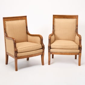 Pair of Empire Upholstered Mahogany Bergères
