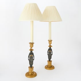 Pair of Restauration Ormolu and Patinated Bronze Figural Candlesticks