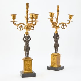 Pair of Restauration Gilt and Patinated Bronze Figural Three-Light Candelabra