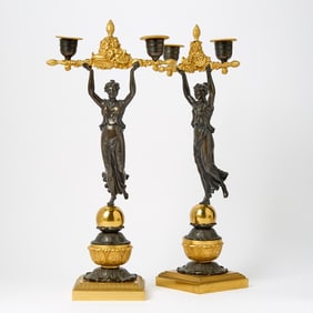 Pair of Empire Gilt and Patinated Bronze Two-Light Candelabra
