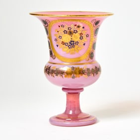 Restauration Gilt and Polychrome Decorated Pink Opaline Gorge-de Pigeon Médicis Vase