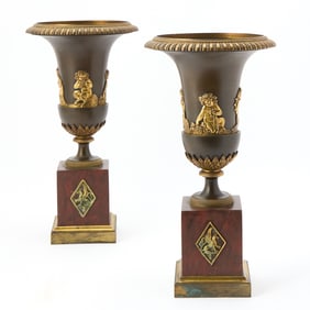 Pair of Restauration Gilt and Patinated Bronze Urns