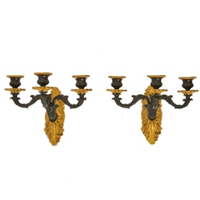 Pair of Charles X Gilt and Patinated Bronze Three-Branch Wall-Lights