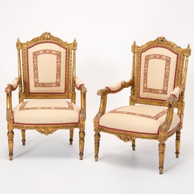 Pair of Napoleon III Carved Giltwood Fauteuils a la Reine