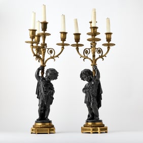 Pair of Fine Louis XVI Style Gilt and Patinated Bronze Figural Four-Light Candelabra