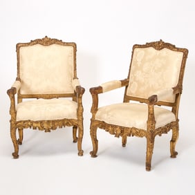 Pair of Large Régence Style Carved Giltwood Fauteuils a la Reine
