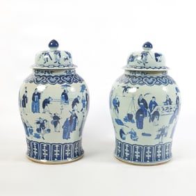Large Pair of Chinese Blue and White Porcelain Jars and Covers Late Qing Dynasty