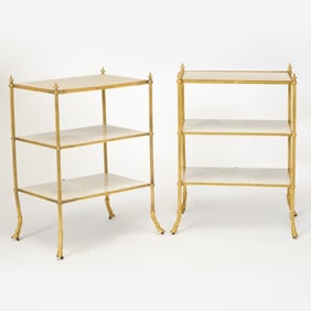 Pair of Maison Jansen Style Gilt-Metal and Marble Three-Tier End Tables