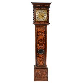 William and Mary Walnut, Ebonized and Fruitwood Marquetry Longcase Clock