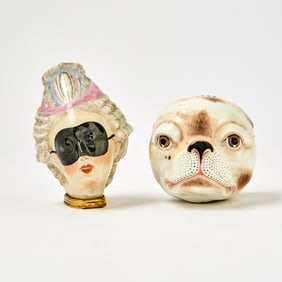 Two English Gilt-Metal Mounted Enamel Figural Bonbonnières