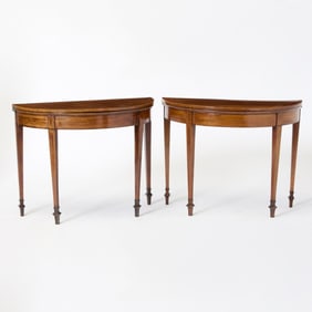 Pair of George III Inlaid Mahogany Demilune Games Tables
