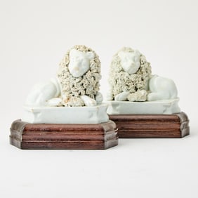 Pair of English Porcelain Recumbent Lions