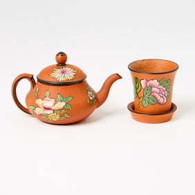 Wedgwood Miniature Polychrome Enameled Pottery (Redware) Teapot with Cover and Stand