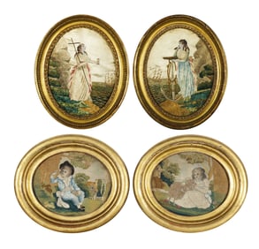 Two Pairs of Regency Silk Needlework Pictures Together with a pair depicting a shepherd and