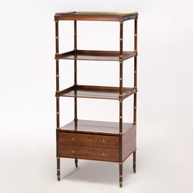 Regency Gilt-Bronze Mounted Kingwood, Rosewood, and Fruitwood-Inlaid Parcel-Gilt Etagere