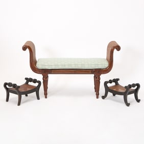 Near Pair of Anglo-Indian Ebony Footstools Together with a George IV Brass-Inlaid Mahogany Caned